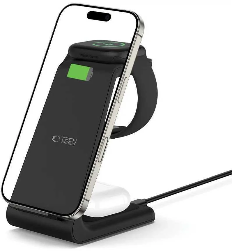 Įkrovimo stotelė Tech-Protect QI15W-A36 3in1 skirta Apple – juodos spalvos
