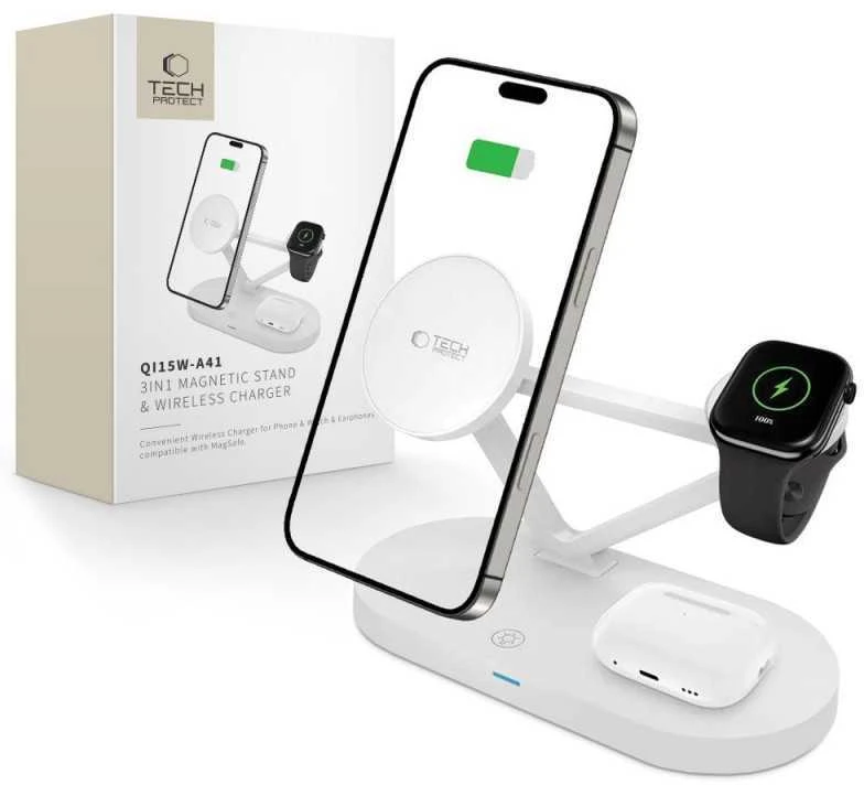 Tech-Protect QI15W-A41 3in1 belaidis įkroviklis su MagSafe for Apple Devices – baltos spalvos