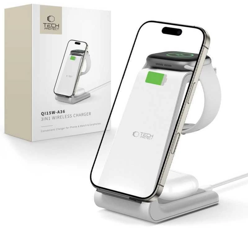Įkrovimo stotelė Tech-Protect QI15W-A36 3in1 skirta Apple – baltos spalvos