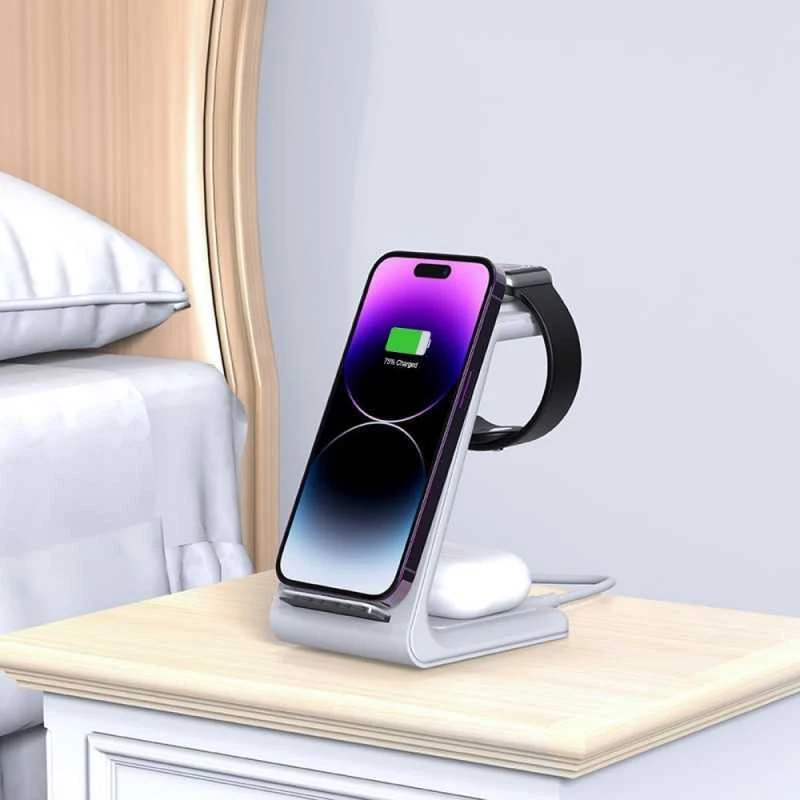 Įkrovimo stotelė Tech-Protect QI15W-A36 3in1 skirta Apple – baltos spalvos