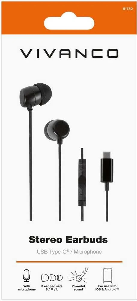 Įstatomos į ausis (In-ear tipo) ausinės Vivanco Stereo USB-C, juoda (61752)