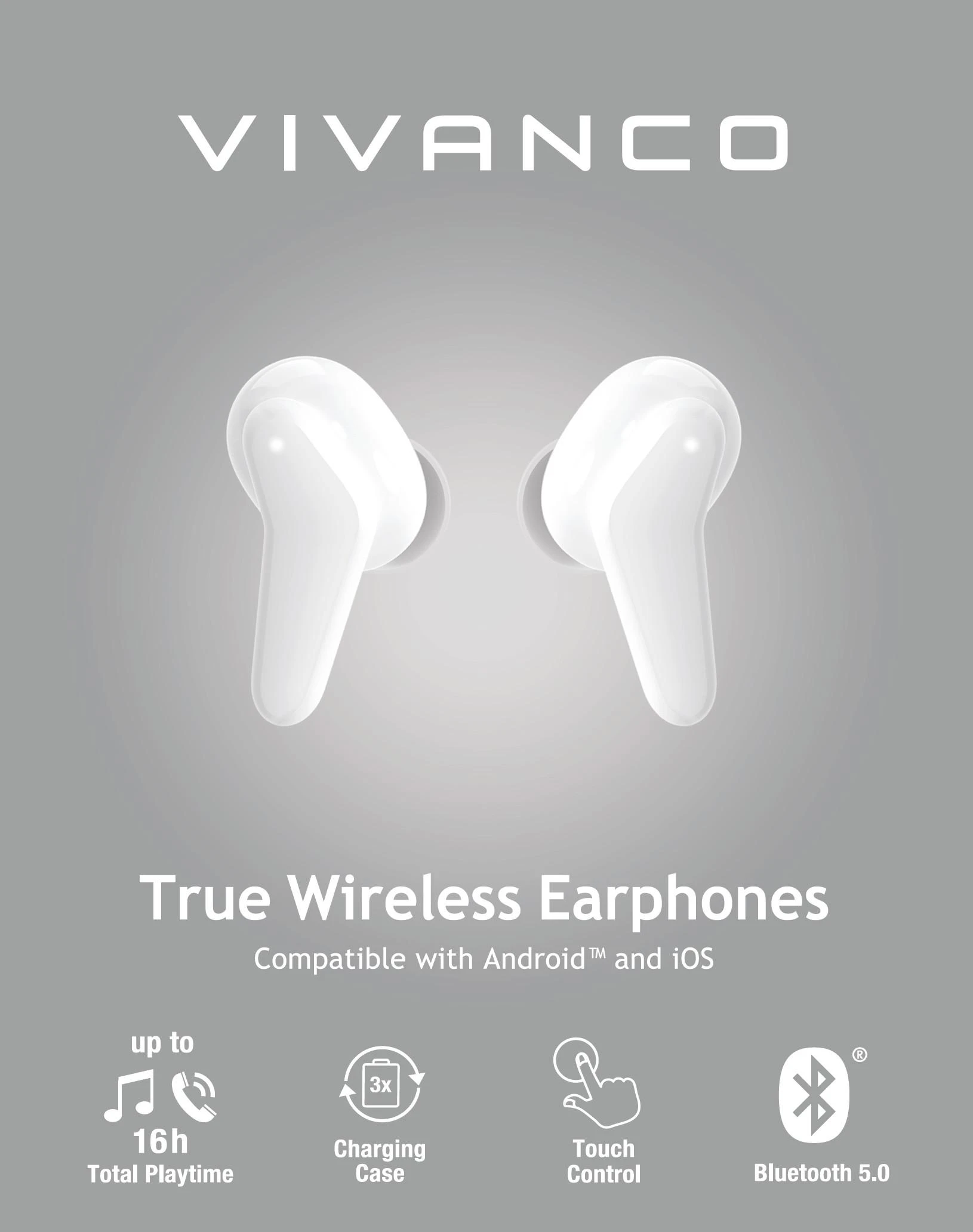 Vivanco Fresh Pair BT baltos ausinės su funkcijų aprašymu