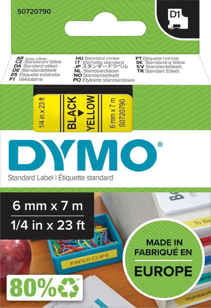 DYMO D1 Standard - Juodas on Geltona - 6mm etikečių juostelė Juoda ant geltonos