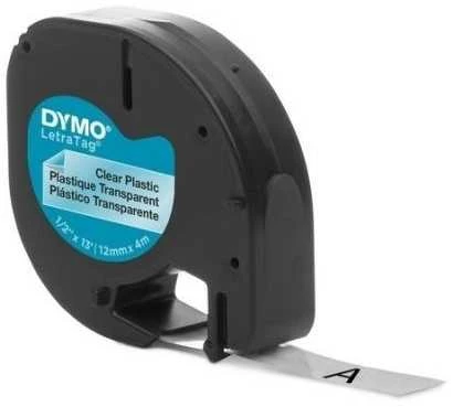 Dymo label spausdintuvas tape LetraTag Plastic 12mmx4m, juodas/transparent