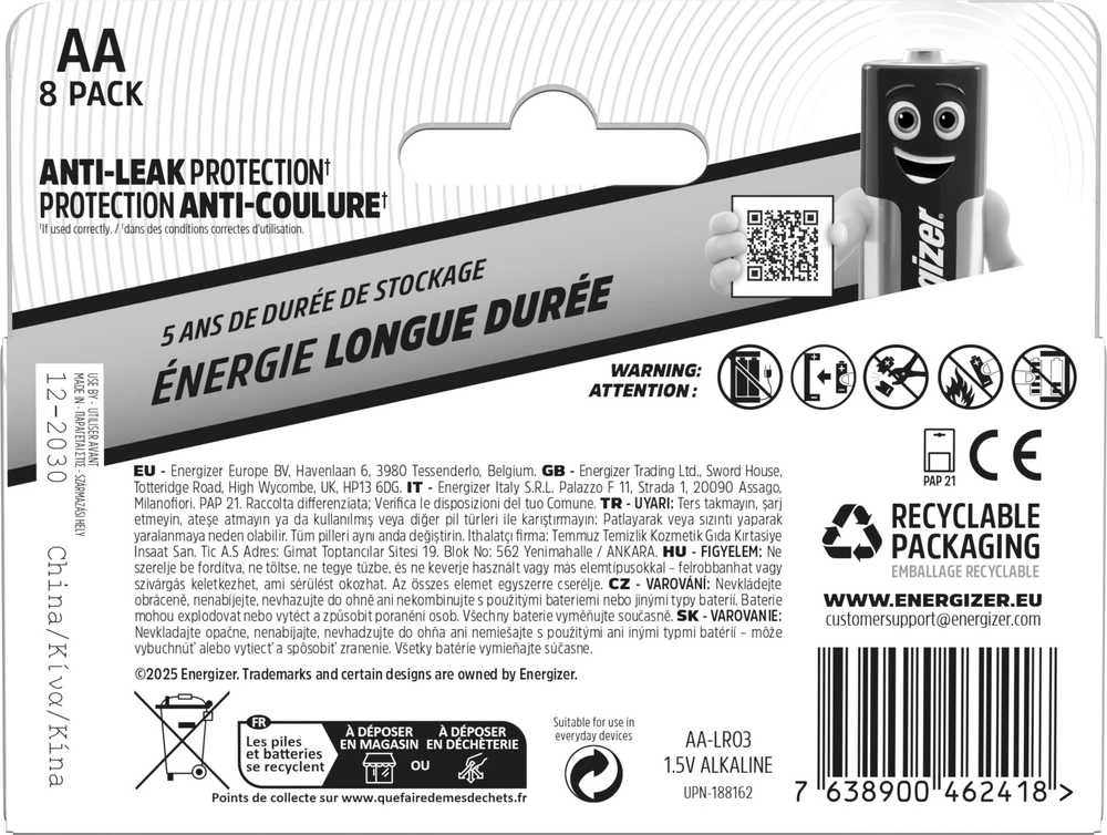 Energizer AA baterijų pakuotės galinė dalis su instrukcija