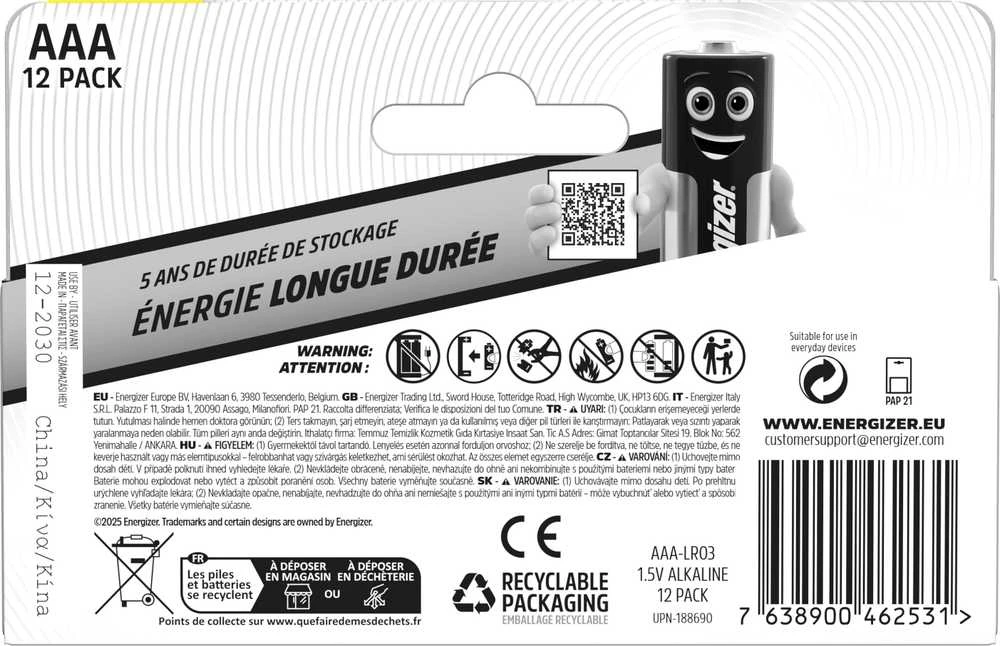 Energizer AAA baterijos 12 vnt. pakuotės galinė pusė