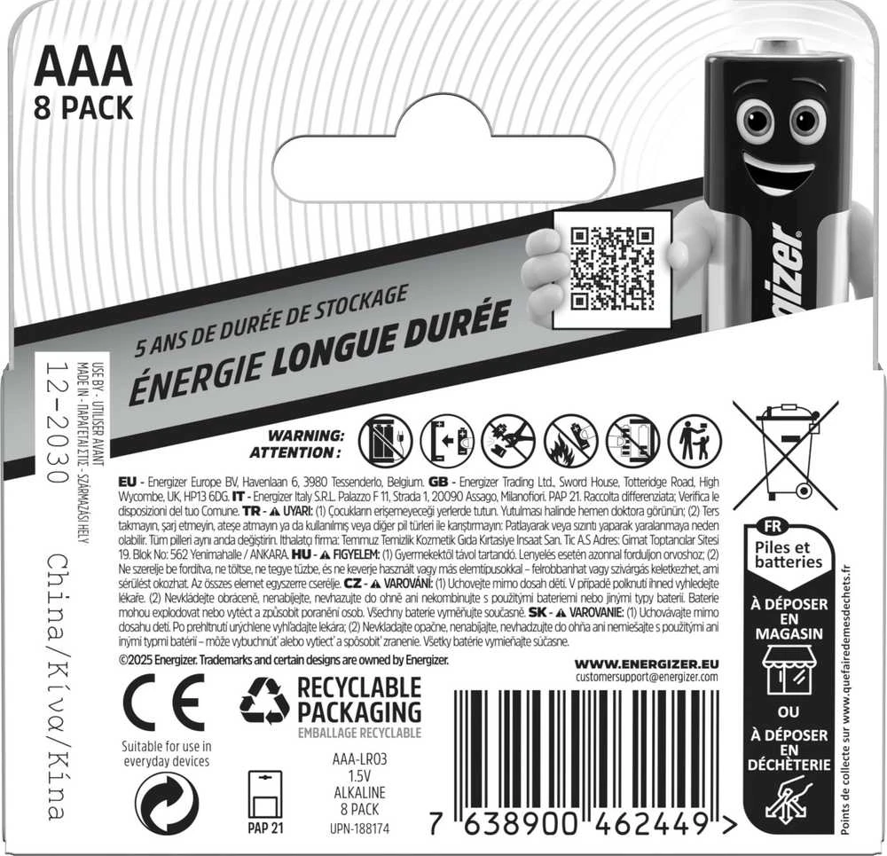 Energizer AAA 8 vnt. baterijų pakuotės galinė pusė