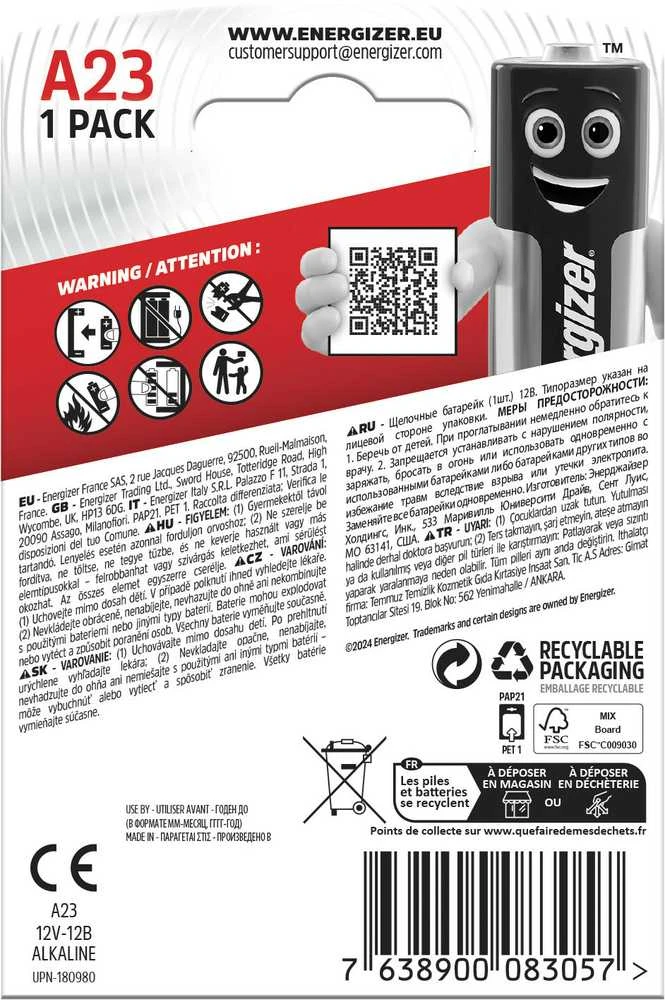 ENERGIZER ALKALINE A23 MN21 12V 1PK