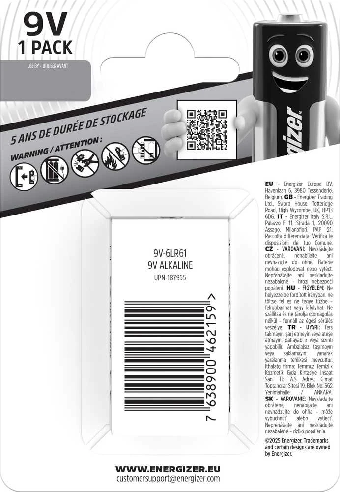 Energizer 9V baterijos pakuotė - galinė pusė
