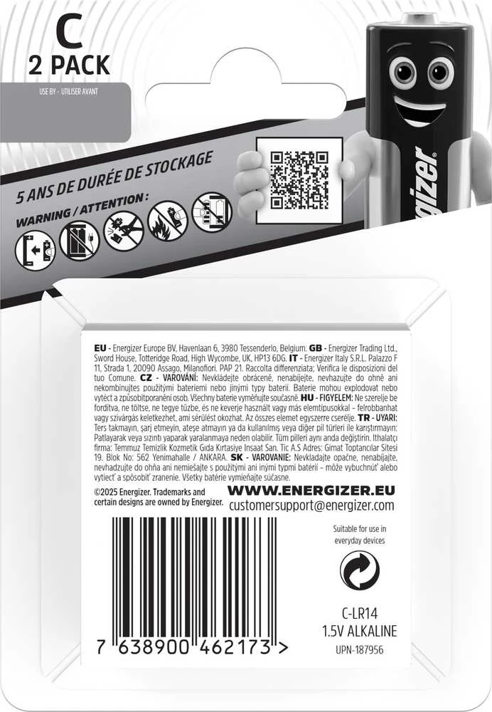Energizer C baterijų pakuotės galinė pusė su technine informacija
