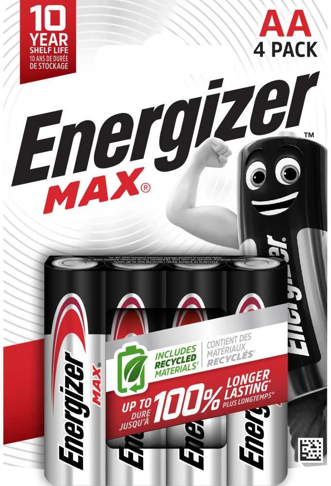 Baterijų Komplektas - Energizer Alkaline Max AA 1,5V 4 Vnt. Ekologiška Pakuotė