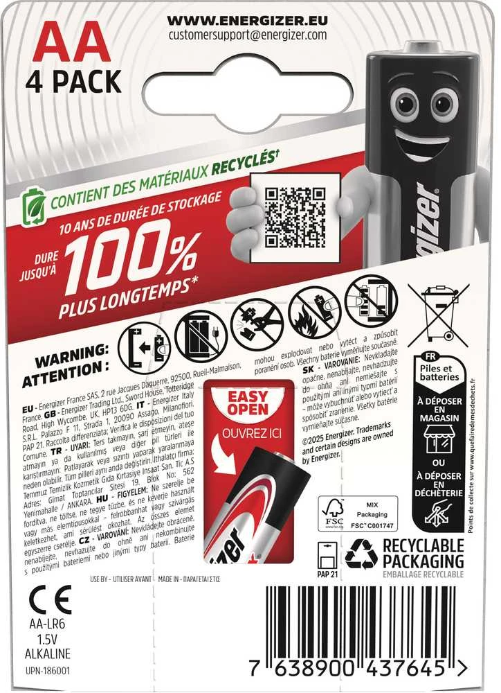 Baterijų Komplektas - Energizer Alkaline Max AA 1,5V 4 Vnt. Ekologiška Pakuotė