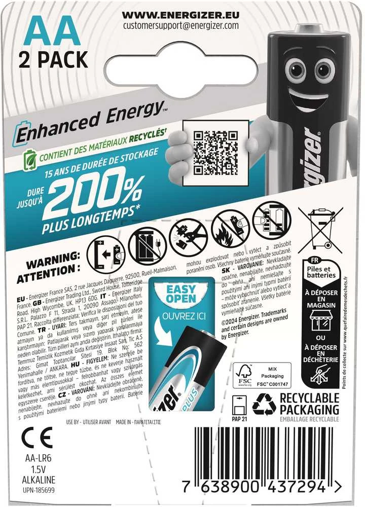 Energizer AA baterijų pakuotės galinė dalis