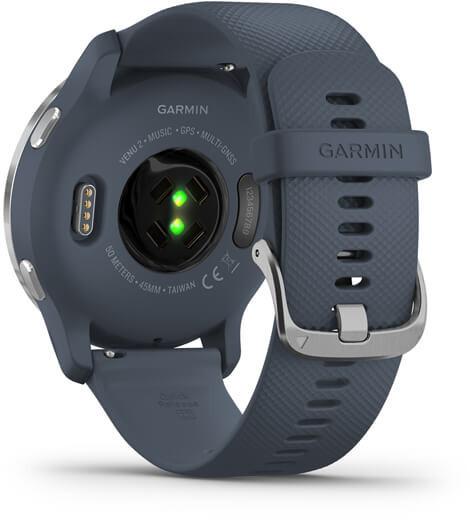 Išmanusis laikrodis Garmin Venu 2, Sidabro spalvos nerūdijančiojo plieno  apvadas, su „Granite Blue“ mėlynu korpusu ir silikoniniu dirželiu | Varle.lt