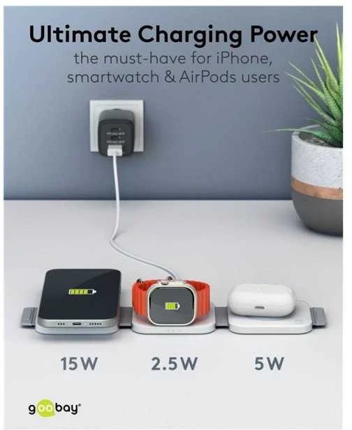 Goobay 15 W sulankstomas trys viename USB-C indukcinis įkroviklis
