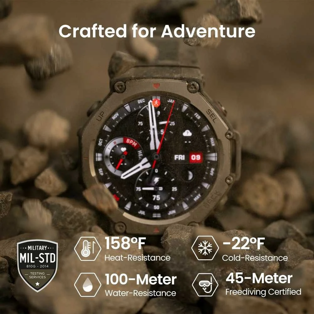 Išmanusis laikrodis Amazfit T-Rex 3, Nerudijančio plieno korpusas su rudos spalvos silikoniniu dirželiu