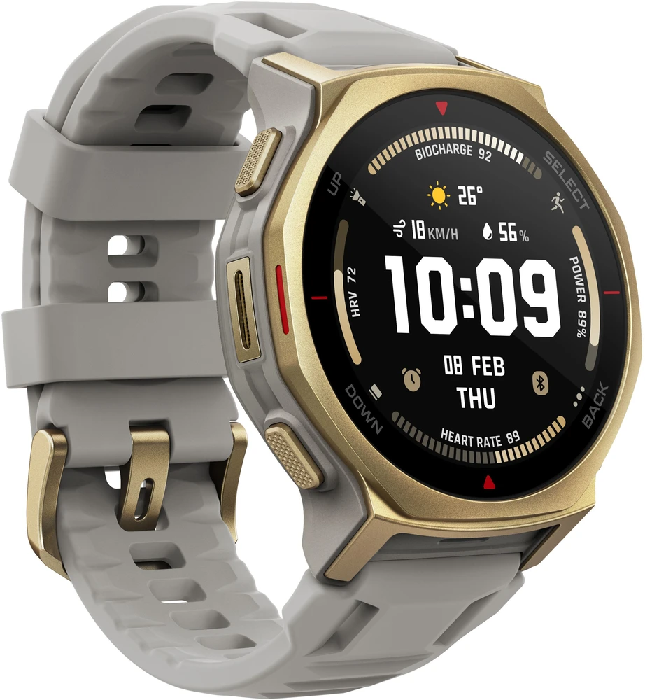 Išmanusis laikrodis „Amazfit T-Rex 3 Pro NFC“, 44 mm su silikoniniu dirželiu, aukso/pilkos spalvos