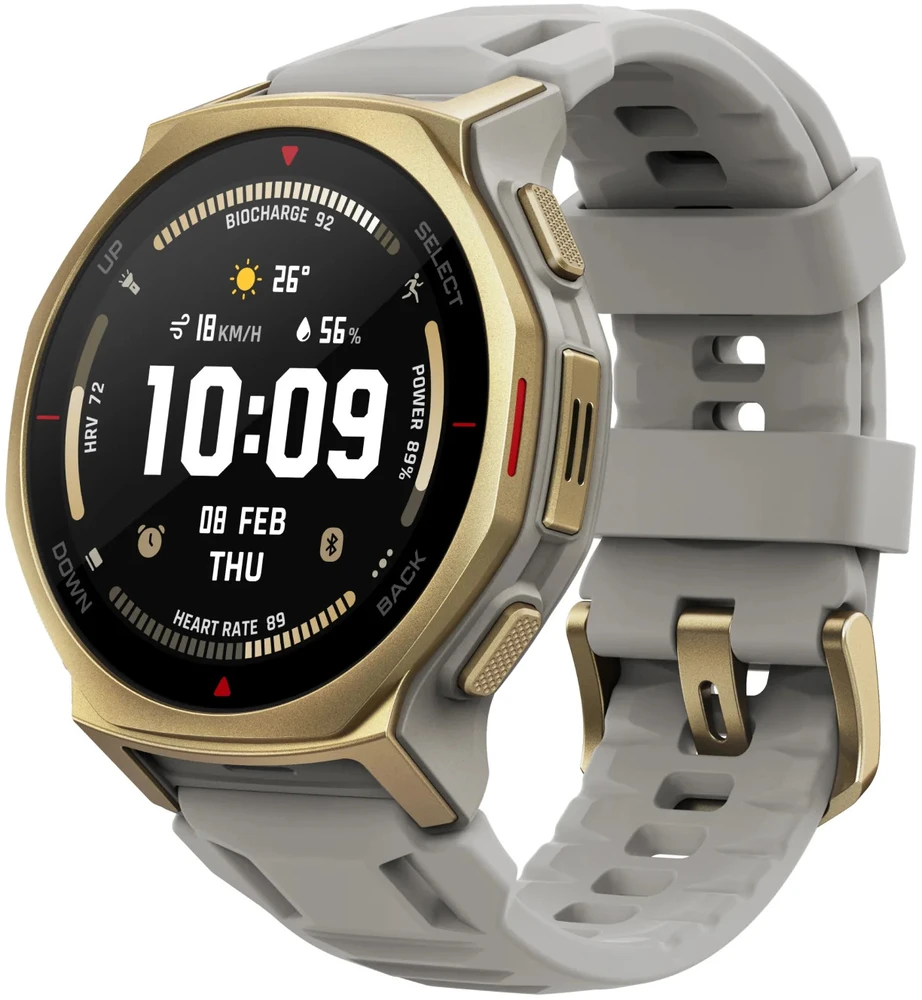 Išmanusis laikrodis „Amazfit T-Rex 3 Pro NFC“, 44 mm su silikoniniu dirželiu, aukso/pilkos spalvos
