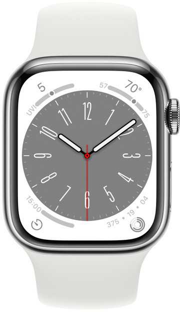 Išmanusis laikrodis „Apple Watch 8 GPS + Cellular“ 41 mm nerūdijančio plieno sportinis dirželis, sidabrinis/baltas (MNJ53EL/A)