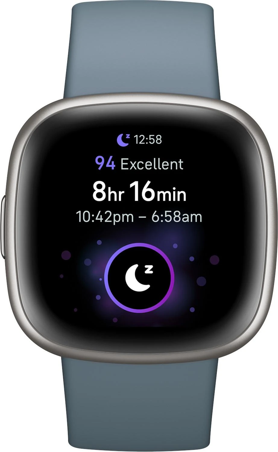Išmanusis laikrodis Fitbit Versa 4, Platinos spalvos korpusas su melsvos spalvos silikoniniu dirželiu