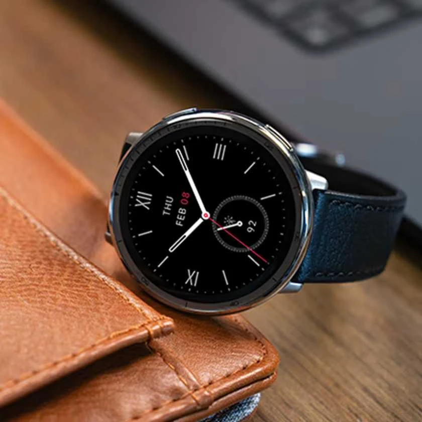Išmanusis laikrodis - Amazfit Active 2, Sidabrinės spalvos korpusas su juodos spalvos odiniu diželiu