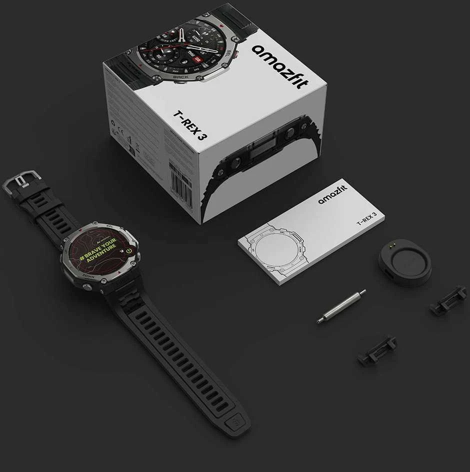 Išmanusis laikrodis Amazfit T-Rex 3, Nerudijančio plieno korpusas su onikso spalvos silikoniniu dirželiu