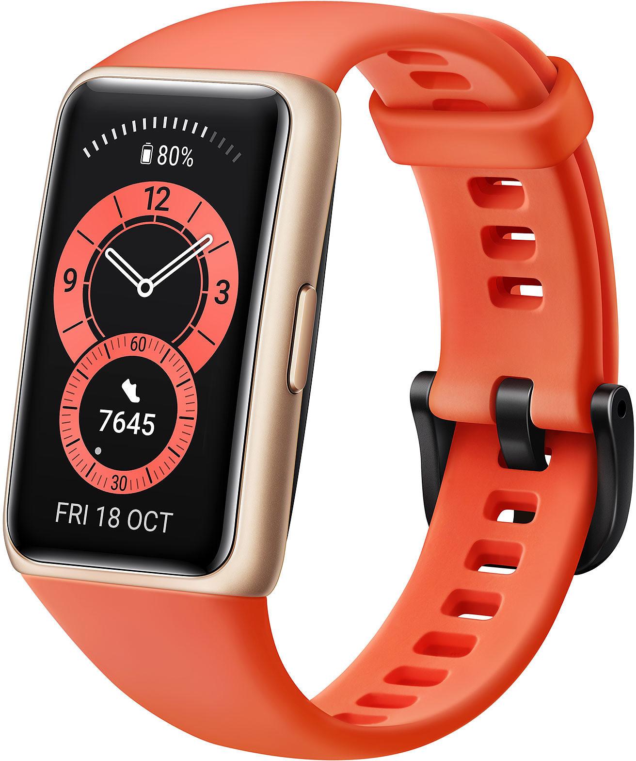 Išmanioji apyrankė Huawei Band 6, Rausvojo aukso spalvos su oranžinės  spalvos silikoniniu dirželiu | Varle.lt