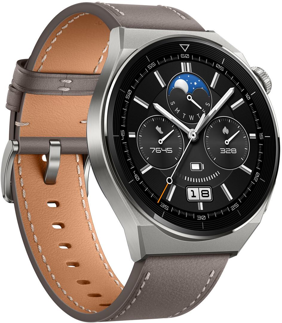 Išmanusis laikrodis Huawei Watch GT 3 Pro Titanium (46mm), Titano spalvos korpusas su pilkos spalvos odiniu dirželiu
