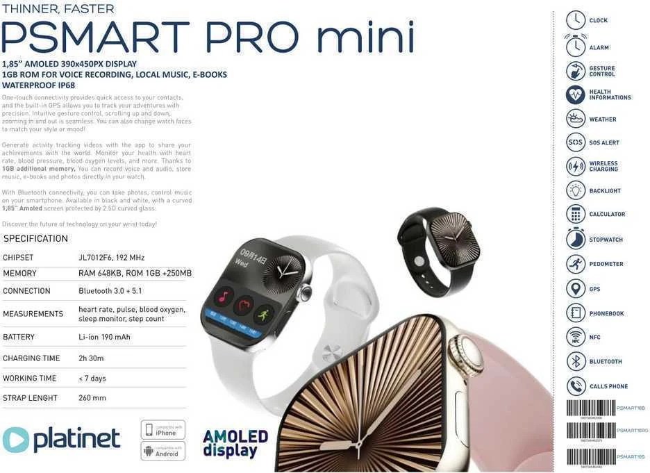 Platinet išmanusis laikrodis PSMART PRO mini PSMART10B, juodas (46206)