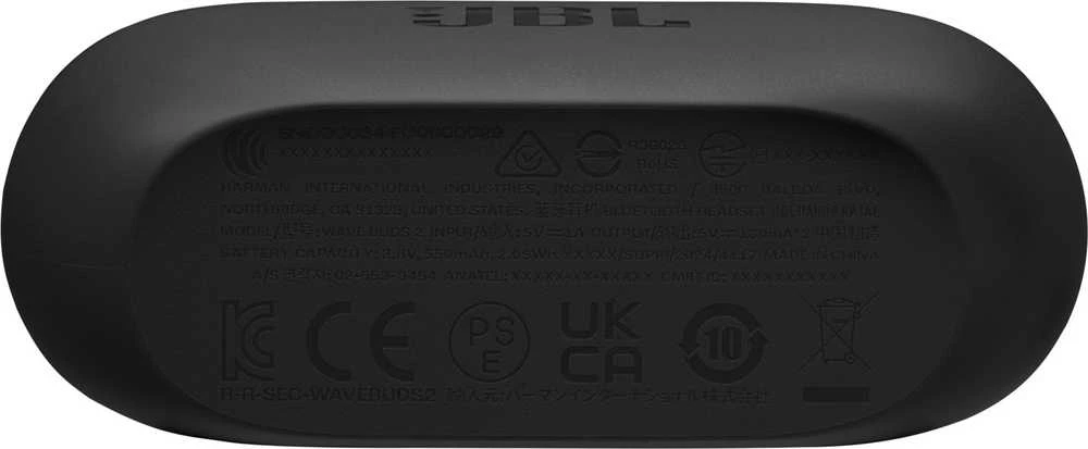 JBL Wave Buds 2 dėklo apačia su technine informacija