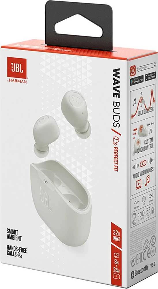 JBL Wave Buds TWS belaidės ausinės, Baltos spalvos