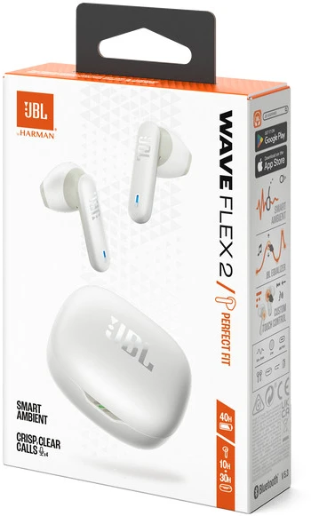 Ausinės JBL Wave Flex 2 Stereo TWS bezvadu iekšējās austiņas ar mikrofonu un uzlādes korpusu, Baltas