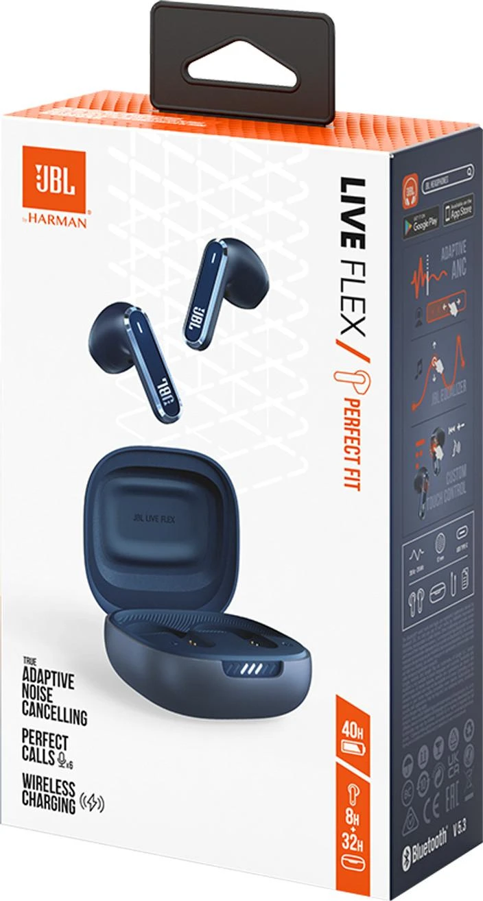 JBL Live Flex NC TWS mėlynų ausinių pakuotė
