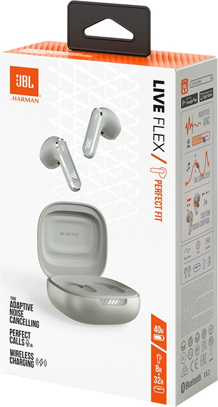 JBL Live Flex NC pilkos ausinės pakuotėje