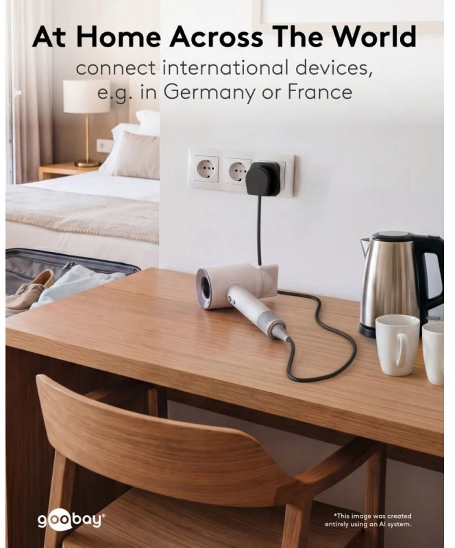 Goobay 94028 World to EU Travel Adapteris, kelionių adapteris (UK, US, IT, CH, į EU), Juoda