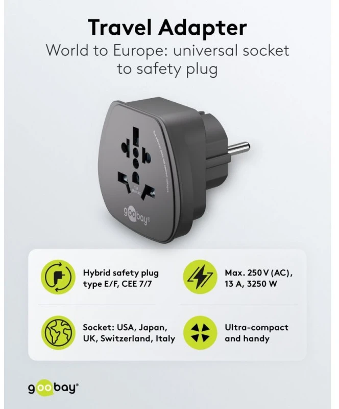 Goobay 94028 World to EU Travel Adapteris, kelionių adapteris (UK, US, IT, CH, į EU), Juoda
