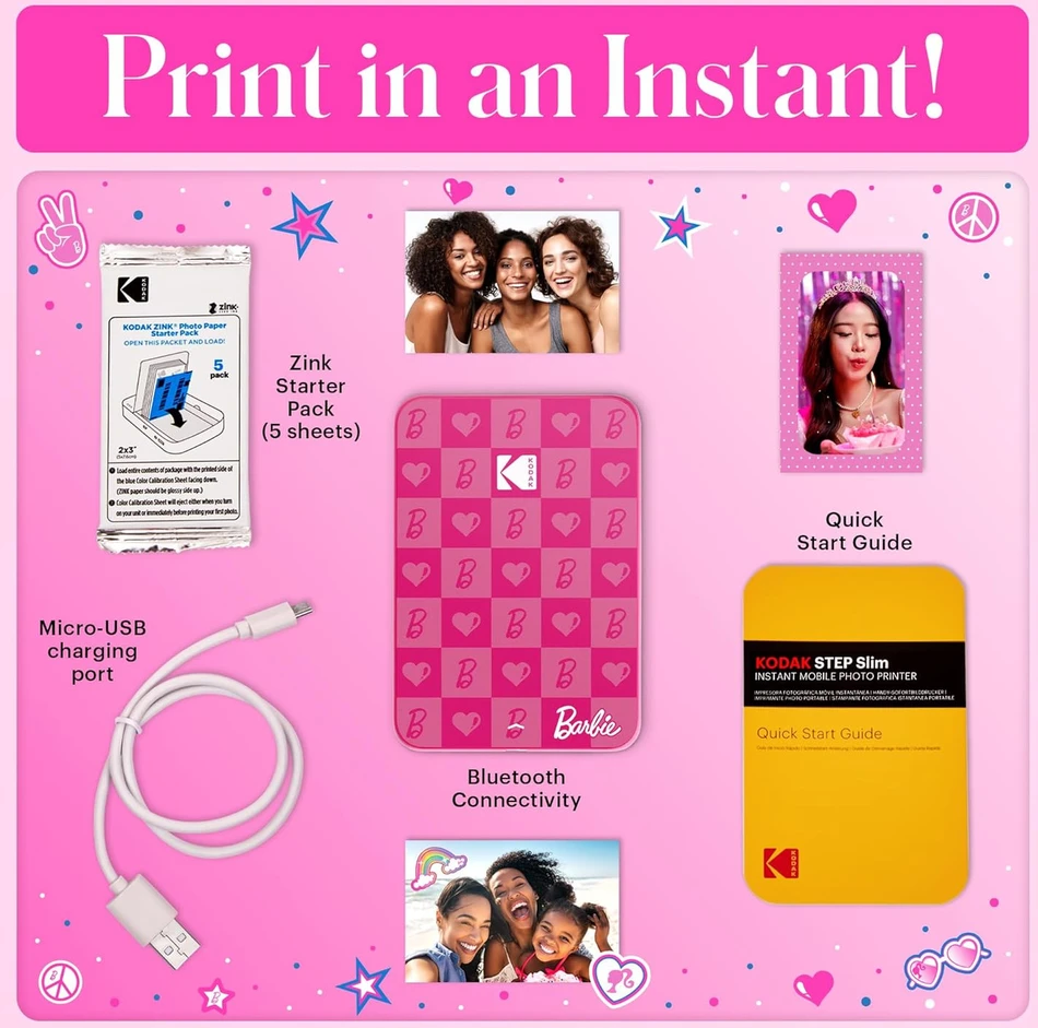 Barbie x Kodak STEP Slim Momentinis mobilus nuotraukų spausdintuvas Spalvotas ZINK 2x3'' 1ppm, BT, Rožinė
