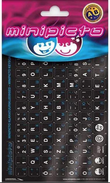 Kolm Lovi Minipicto Minipikto klaviatūros lipdukai EST/RUS, juoda/mėlyna (KB-UNI-RU02-BLK)
