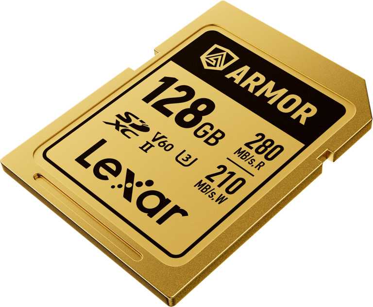 Atminties kortelė Lexar 128GB SDXC ARMOR Gold UHS-II U3, nerūdijančio plieno, IP68 (280/210 MB/s)