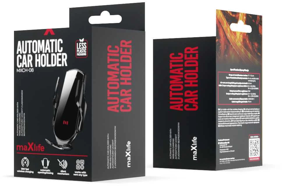 Maxlife automobilinis laikiklis ventiliacijos grotelėms MXCH-08 automatinis su belaidžiu įkrovimu juodas 15W