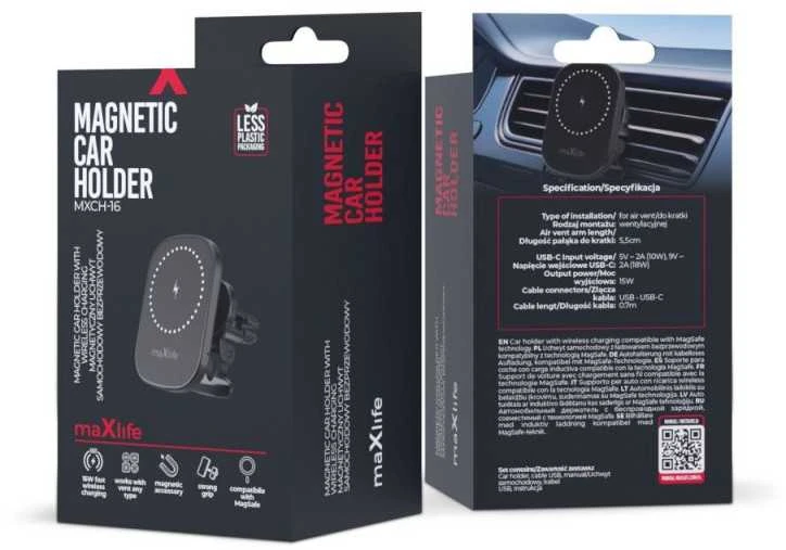 Maxlife automobilinis laikiklis ventiliacijos grotelėms MXCH-16 magnetinis su belaidžiu įkrovimu juodas 15W