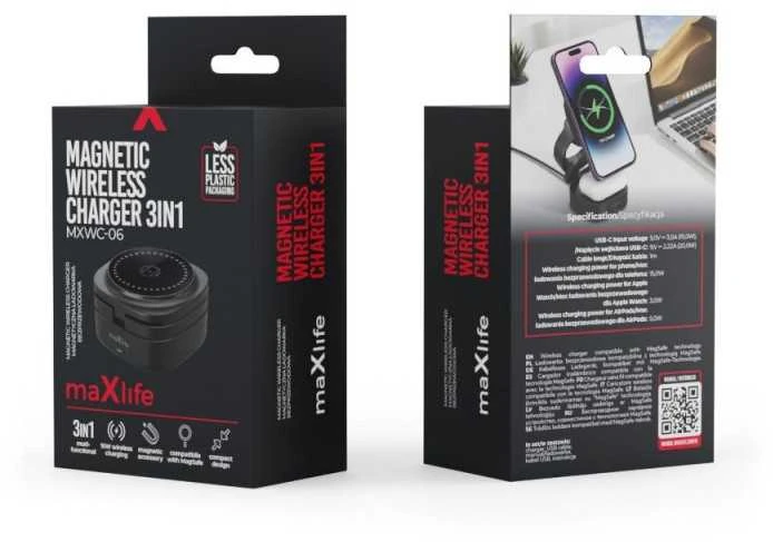 Maxlife MXWC-06 magnetinis belaidis įkroviklis 15W juodos spalvos 3in1