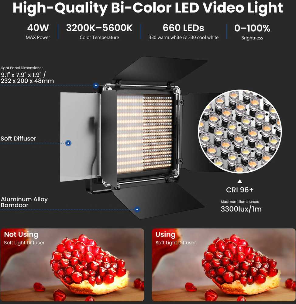 Sieninis šviestuvas „Neewer 660“ dviejų spalvų LED šviestuvų rinkinys, dvi lempos, 40 W, 3200–5600 K
