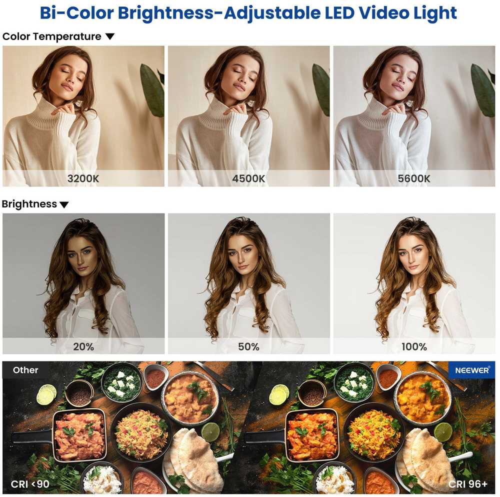 Sieninis šviestuvas „Neewer 660“ dviejų spalvų LED šviestuvų rinkinys, dvi lempos, 40 W, 3200–5600 K
