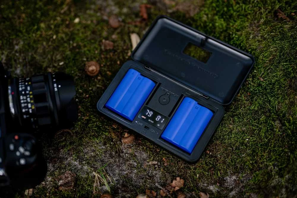 Newell LCD dviejų kanalų įkroviklis su maitinimo bloku ir SD kortelių skaitytuvu NP-FW50 akumuliatoriams, skirtas Sony