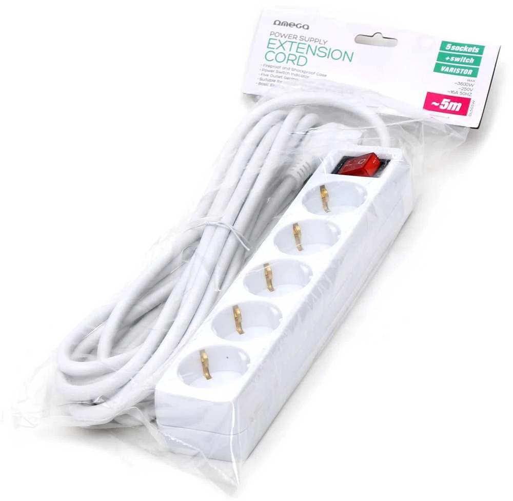 Ilgiklis su įžeminimu OMEGA, 5m, 16 A, 5 lizdai, F Tipo, Schuko German, Baltas