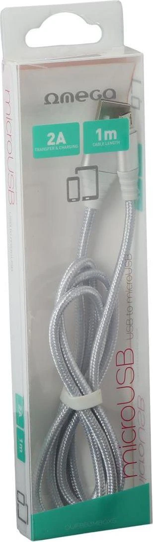 USB Laidas - Omega MicroUSB–USB 1 m 2 A Pintas Laidas, Sidabrinis