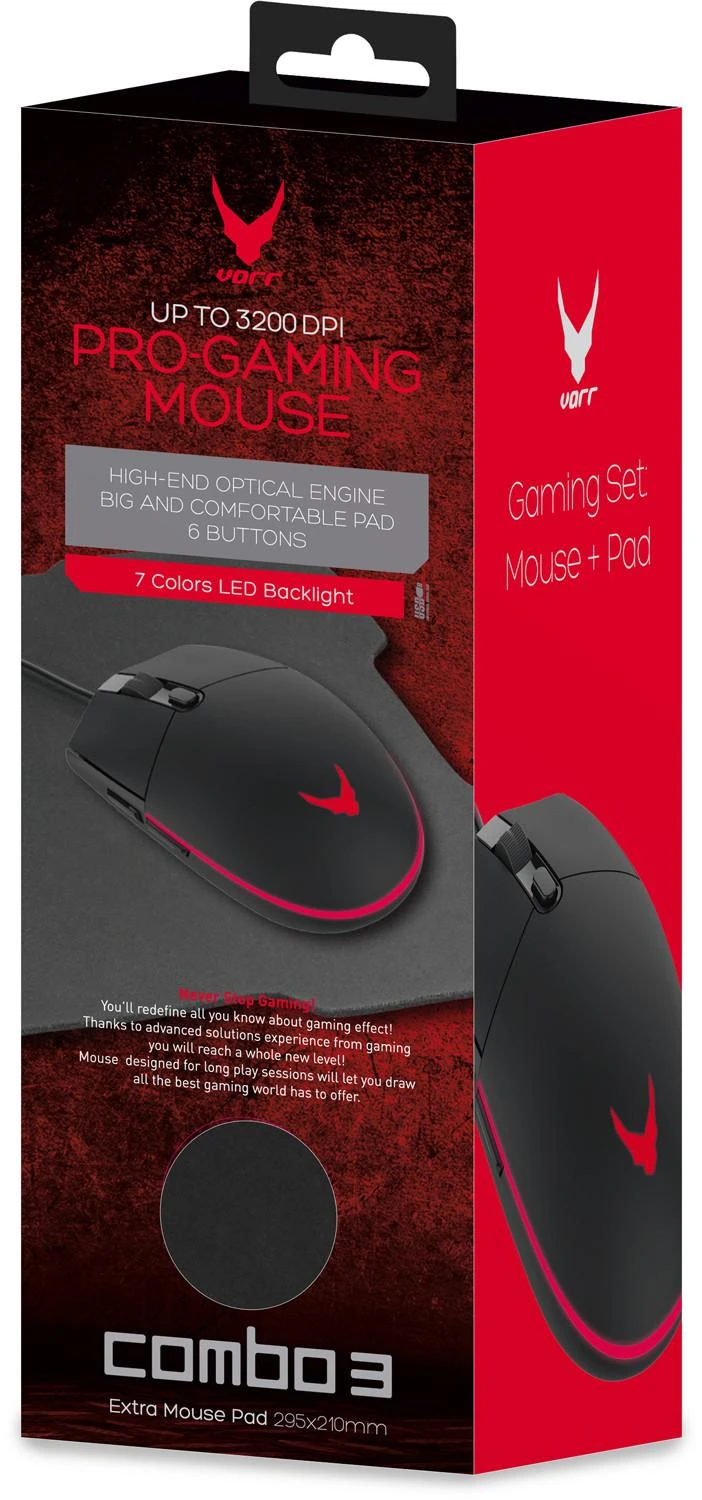 Omega Pelė VARR Gaming su laidu + kilimėlis (295x210x2mm) juodos spalvos