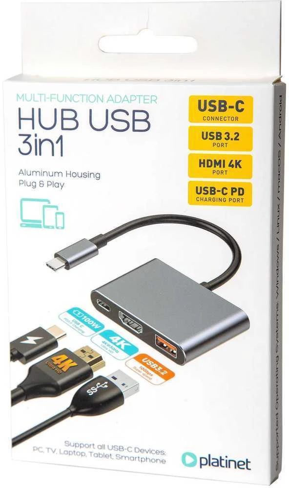 USB-C šakotuvas Platinet 3in1 (PMH9991T) (1xHDMI 4K; 1xUSB-C; 1xUSB 3.2)