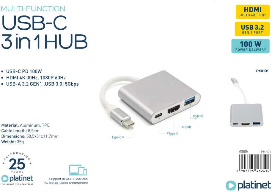 Platinet USB šakotuvas PLATINET medijos šakotuvas USB-C 3.2 GEN1 5GB/S 3IN1 HDMI 4K USB-A 3.2 USB-C PD 100W aliuminio [46241]
